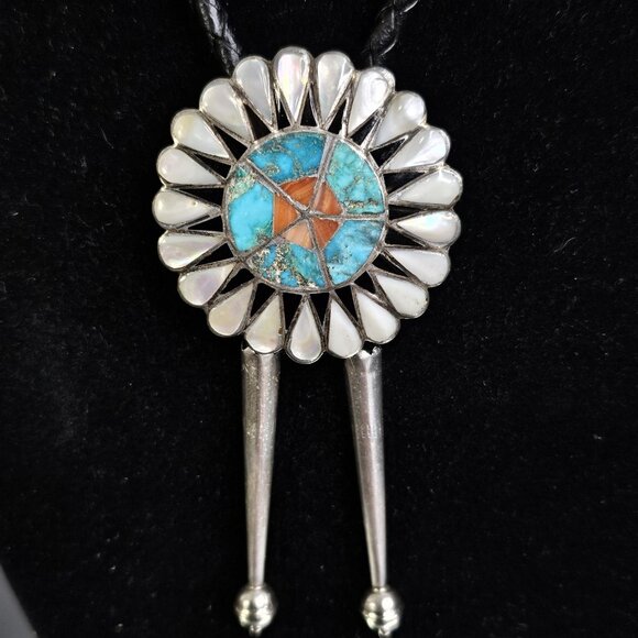 Zuni Sunface Inlay Turquoise Mother of PearlBolo Tie With Sterling Silver Tips - Picture 1 of 10